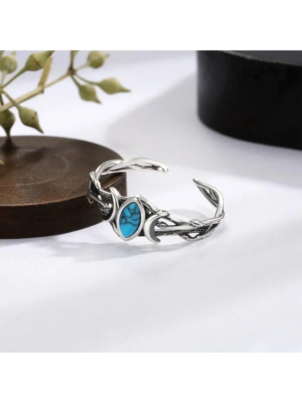 Turquoise Crescent Moon Ring - 925 Sterling Silver Adjustable Vintage Jewelry